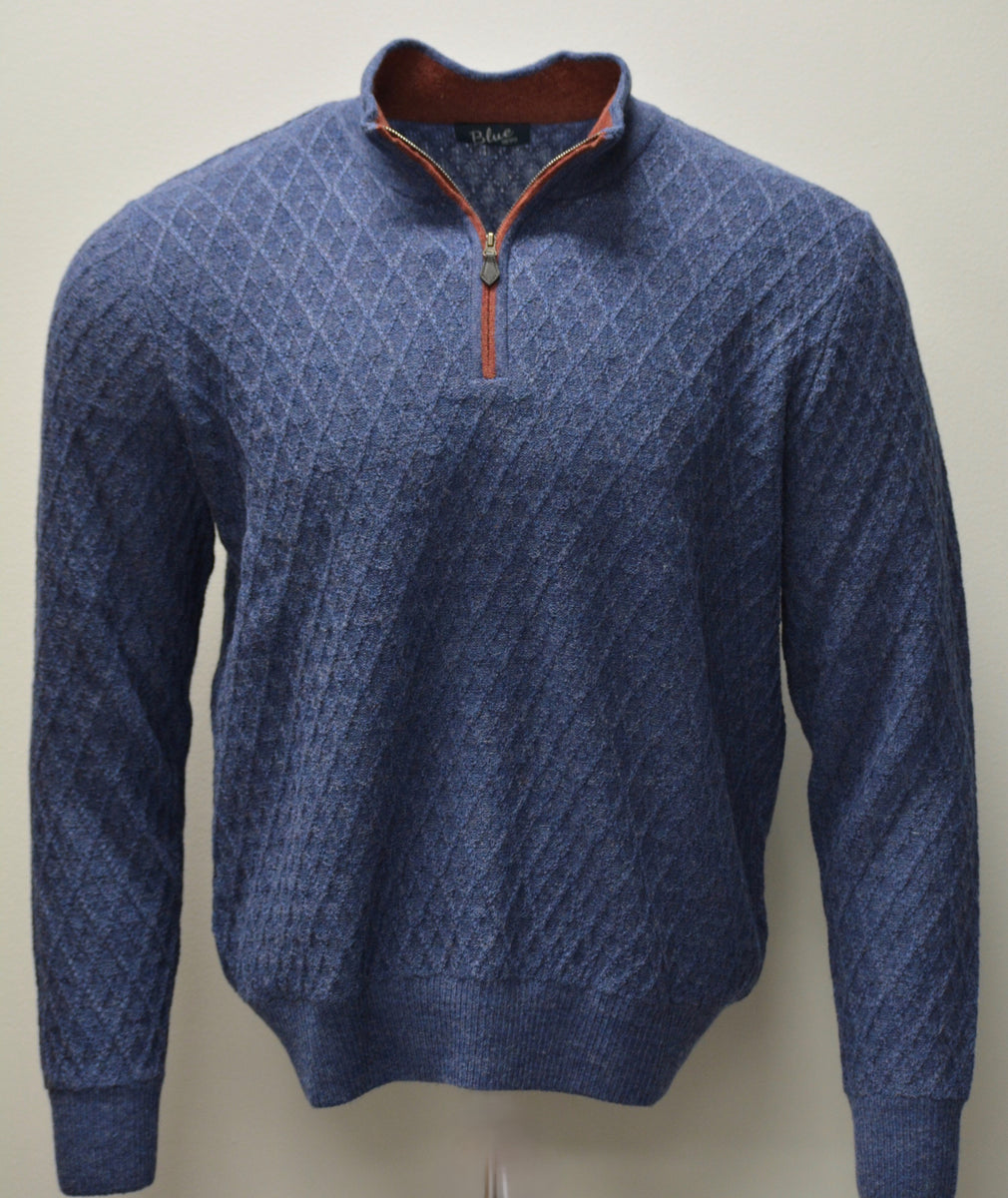 alpaca様 Men's 100% Baby Alpaca Diamond Texture 1/4 Zip – Blue 1899