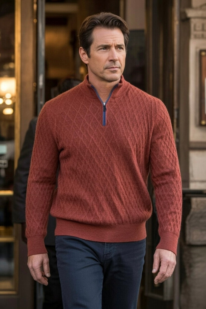 Men's 100% Baby Alpaca Diamond Texture 1/4 Zip – Blue 1899
